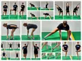 Collage di esercizi di stretching statico: affondi, torsioni, piegamenti e allungamenti delle gambe.