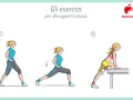 Illustrazione di esercizi per l'allungamento dello psoas: una donna esegue tre posizioni di stretching.
