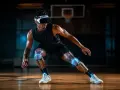 Atleta in VR, con sensori sui ginocchi che mappano i fusi neuromuscolari per un allenamento ottimizzato.