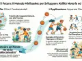 Illustrazione che mostra bambini che sviluppano **abilità motorie** giocando a basket, con enfasi su controllo del corpo, equilibrio e apprendimento ludico.