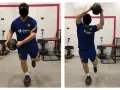Allenamento per la propriocezione: un uomo in tenuta sportiva esegue esercizi di equilibrio con un peso.
