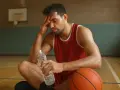 Giocatore di basket esausto, con pallone e bottiglia d'acqua, pensa al suo apporto proteico per recuperare.