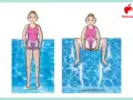 Donna in piscina, prima in piedi, poi seduta sul bordo, illustra i benefici e le controindicazioni dell'acquagym.