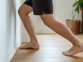 Uomo che allunga i polpacci appoggiando il piede al muro, scoprendo i benefici del toccare le punte dei piedi.