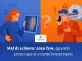 Donna con dolore alla schiena che scrocchia zona lombare guarda una radiografia. Uomo al telefono con risonanza magnetica sullo sfondo.