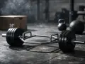 Barra esagonale con pesi, pronta per allenamenti di forza esplosiva. Kettlebell e palla medica sullo sfondo.