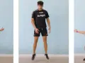 Giovane atleta in tenuta sportiva esegue esercizi di tabata. Tre pose mostrano un movimento dinamico di squat e salto.