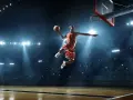 Un giocatore di basket in aria, con la palla in mano, dimostra la sua forza muscolare con un salto spettacolare sotto le luci dell'arena.