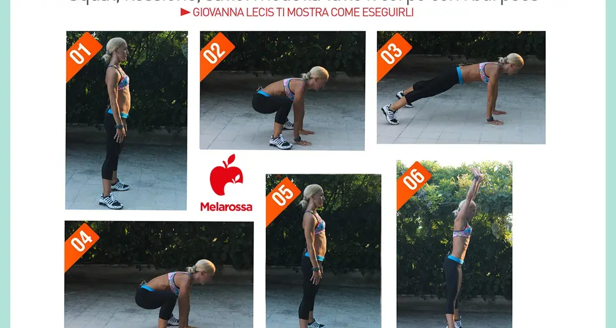 Giovanna Lecis mostra i passaggi per eseguire i mezzi burpees, un esercizio completo per modellare il corpo.