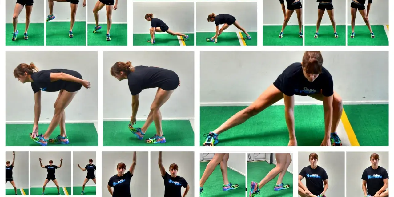 Collage di esercizi di stretching statico: affondi, torsioni, piegamenti e allungamenti delle gambe.