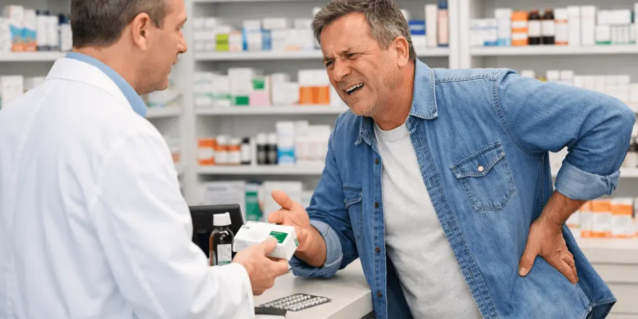 Farmacista consegna farmaco a uomo con mal di schiena, preoccupato per la terapia del dolore schiena effetti collaterali.
