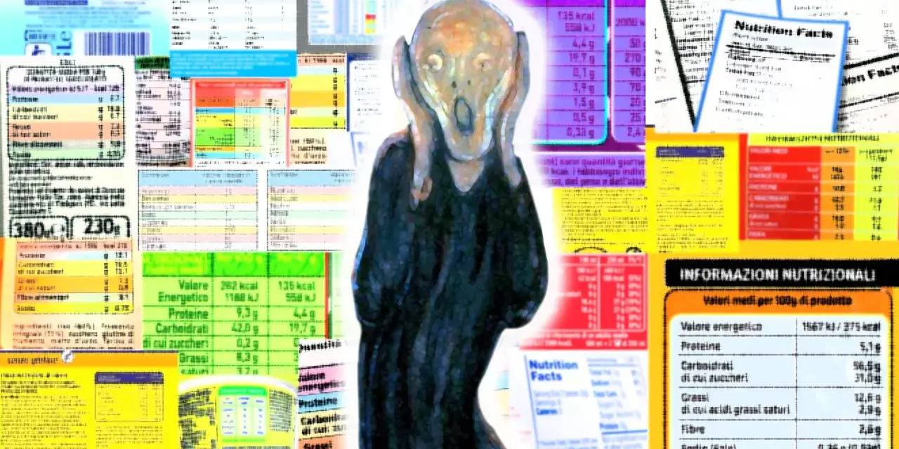 L'Urlo di Munch circondato da etichette nutrizionali, un grido contro l'eccesso di carboidrati di cui zuccheri.