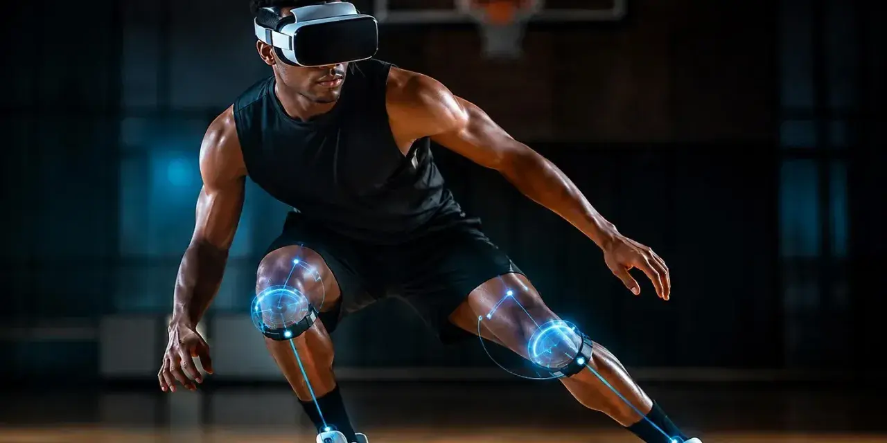 Atleta in VR, con sensori sui ginocchi che mappano i fusi neuromuscolari per un allenamento ottimizzato.