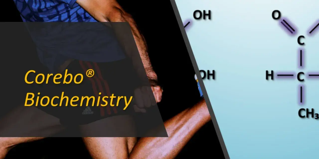 Atleta in corsa, con formula chimica dell'acido lattico. Corebo Biochemistry aiuta a prevenire acido lattico.