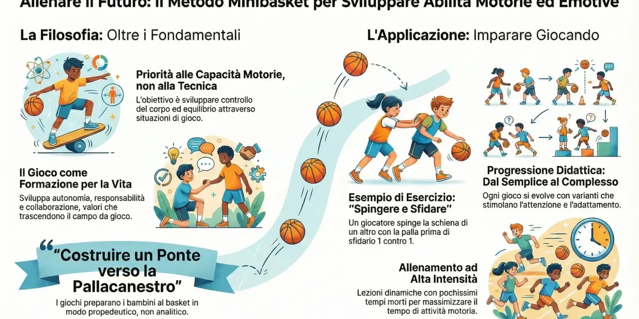 Illustrazione che mostra bambini che sviluppano **abilità motorie** giocando a basket, con enfasi su controllo del corpo, equilibrio e apprendimento ludico.