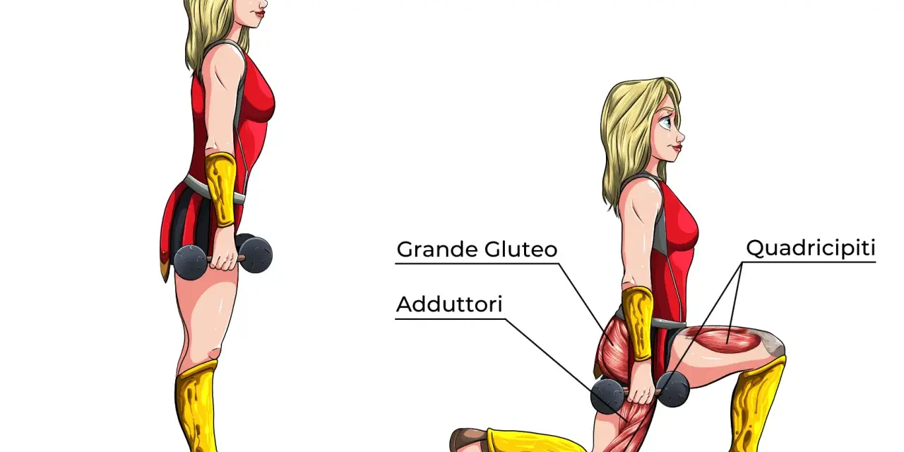 Affondi indietro: illustrazione anatomica che mostra i muscoli coinvolti, tra cui grande gluteo, adduttori e quadricipiti.