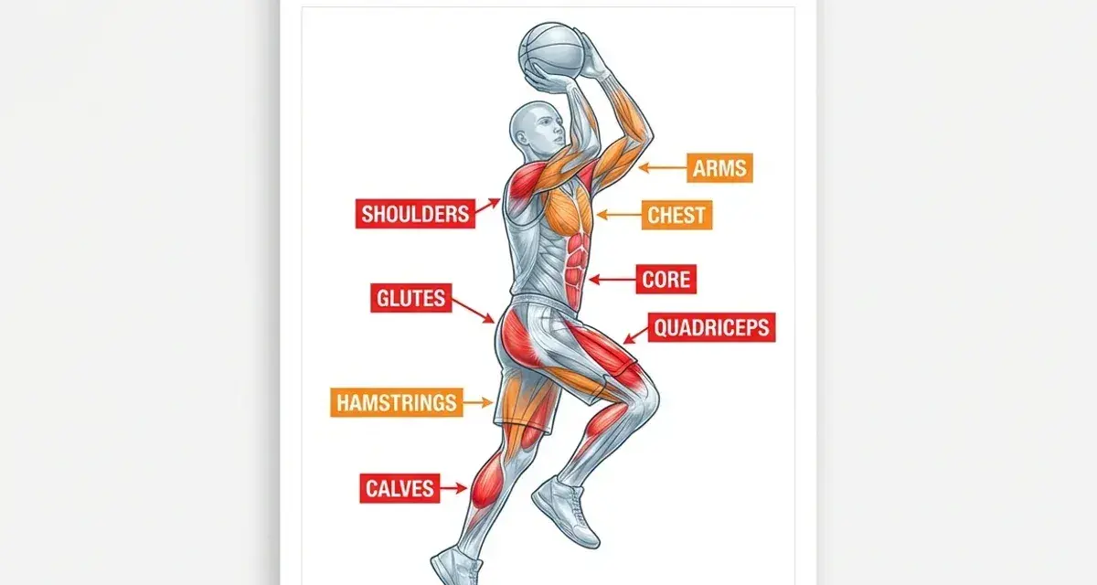 Anatomia del basket: i muscoli pettorali, spalle, core e gambe in azione.