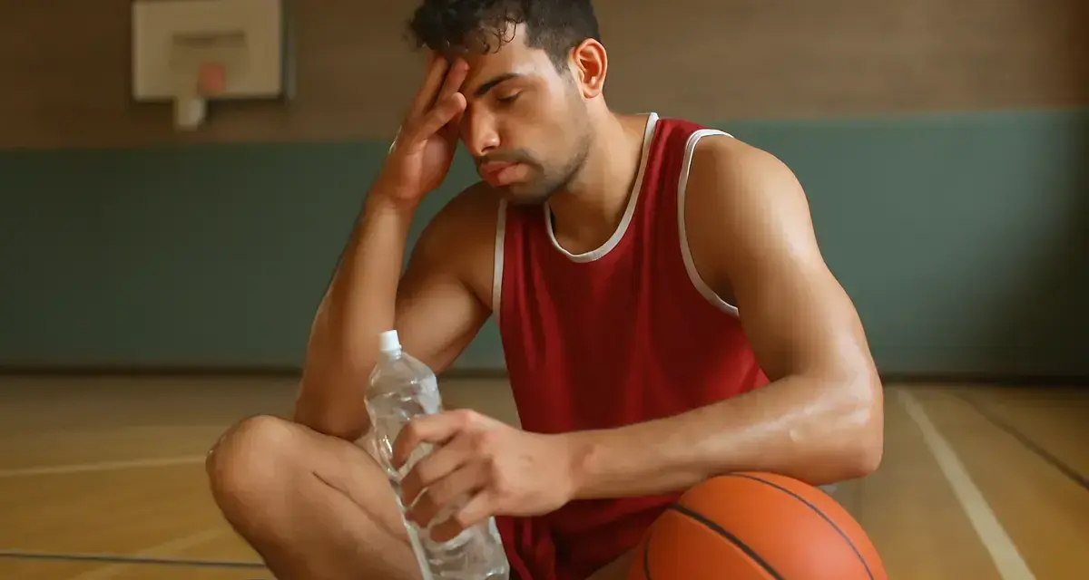 Giocatore di basket esausto, con pallone e bottiglia d'acqua, pensa al suo apporto proteico per recuperare.