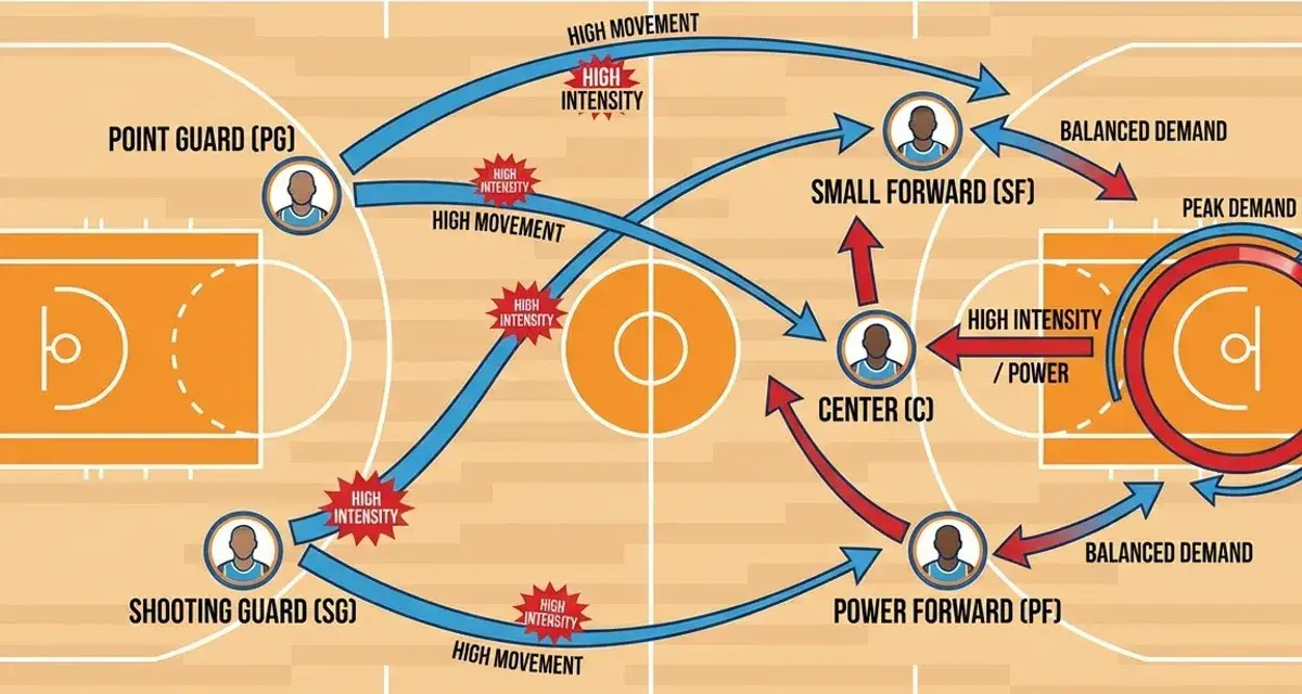 Infografica sulle posizioni nel basket e il loro fabbisogno energetico. Le frecce blu indicano movimento, i marcatori rossi intensità.