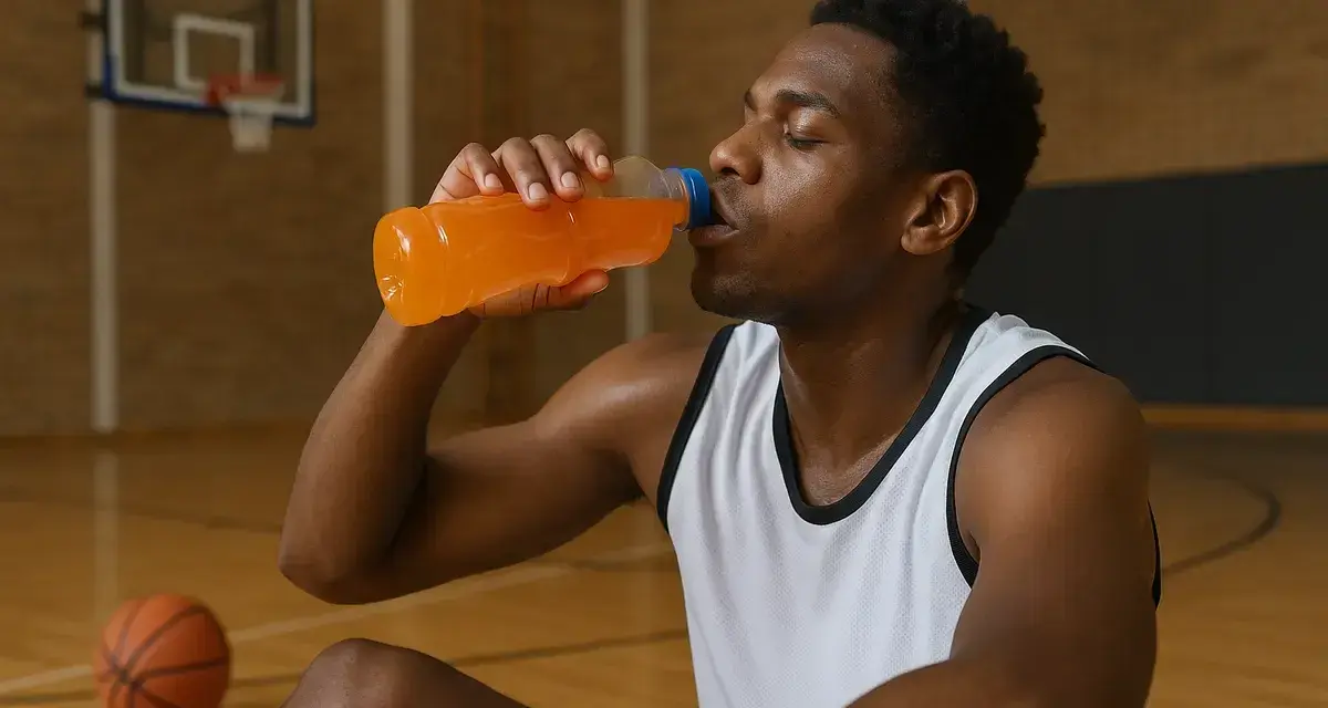 Giocatore di basket si disseta con una bevanda sportiva arancione in palestra. Un modo efficace per capire come idratarsi dopo l'allenamento.