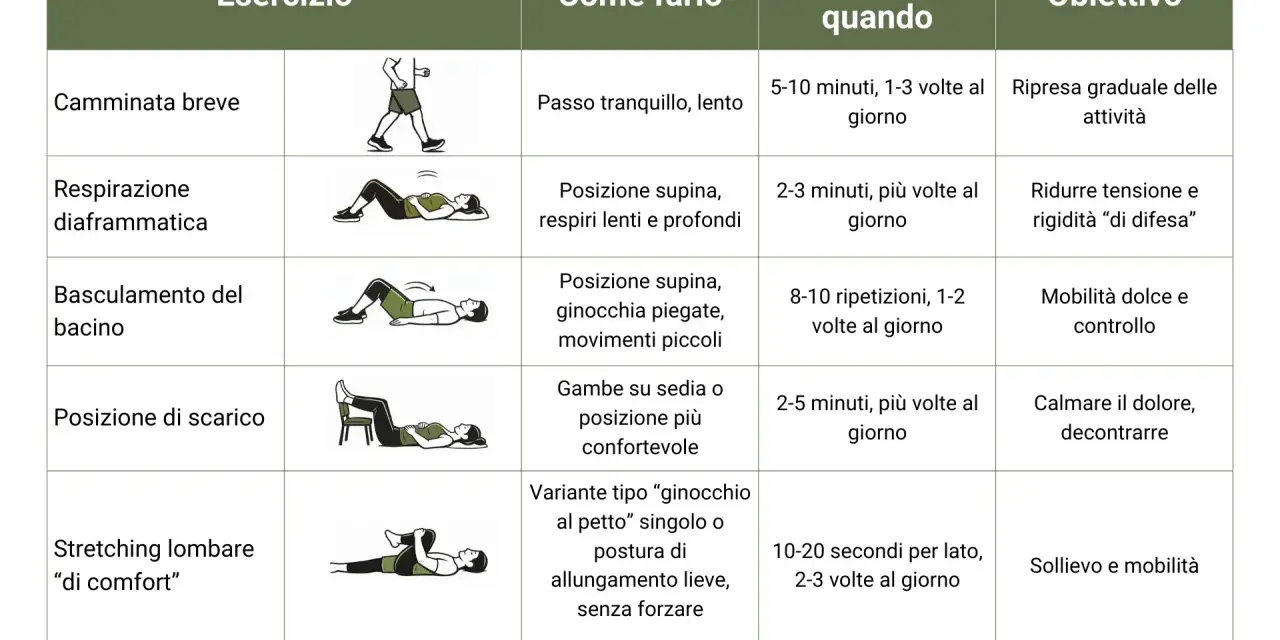 Tabella con esercizi per alleviare i dolori schiena: camminata, respirazione diaframmatica, basculamento bacino, posizione di scarico e stretching.