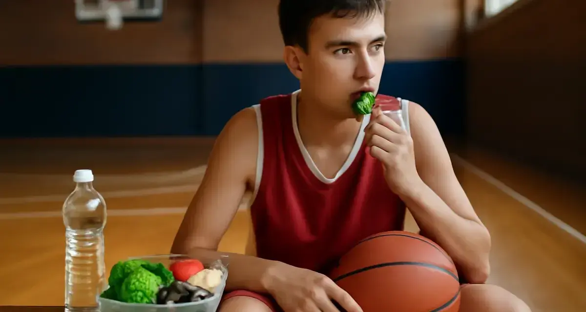 Giovane giocatore di basket mangia verdure, pensando a quali carboidrati sono essenziali per la sua energia.