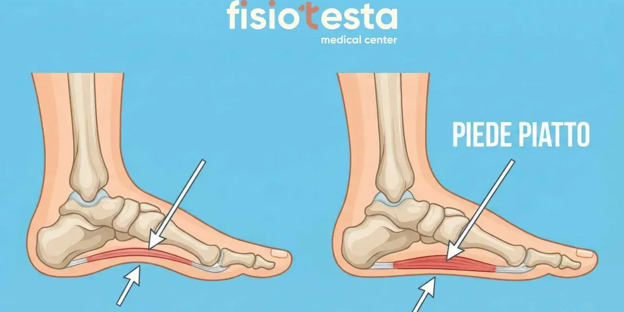 Confronto tra un piede normale e un piede piatto, con frecce che indicano l'arco plantare. Utile per capire gli esercizi per piedi piatti.