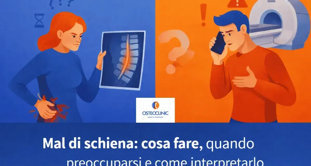 Donna con dolore alla schiena che scrocchia zona lombare guarda una radiografia. Uomo al telefono con risonanza magnetica sullo sfondo.