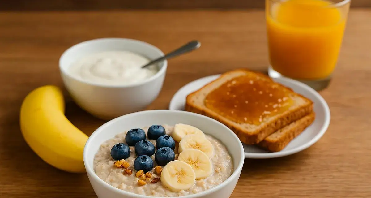 Colazione nutriente per ultra trail: porridge con frutta, yogurt, toast e succo d'arancia.