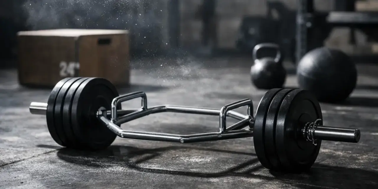 Barra esagonale con pesi, pronta per allenamenti di forza esplosiva. Kettlebell e palla medica sullo sfondo.