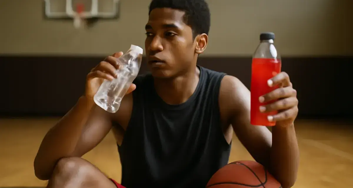 Giovane giocatore di basket, seduto sul parquet, beve da una bottiglia d'acqua e tiene in mano una bevanda rossa, essenziale per il recupero muscolare gambe dopo l'allenamento.