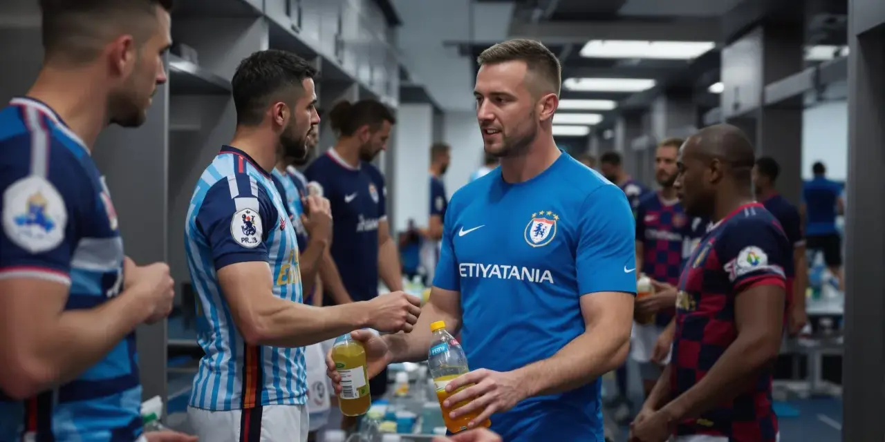 Giocatori di calcio si scambiano bevande energetiche, un ottimo modo per capire cosa bere prima di una partita di calcio.