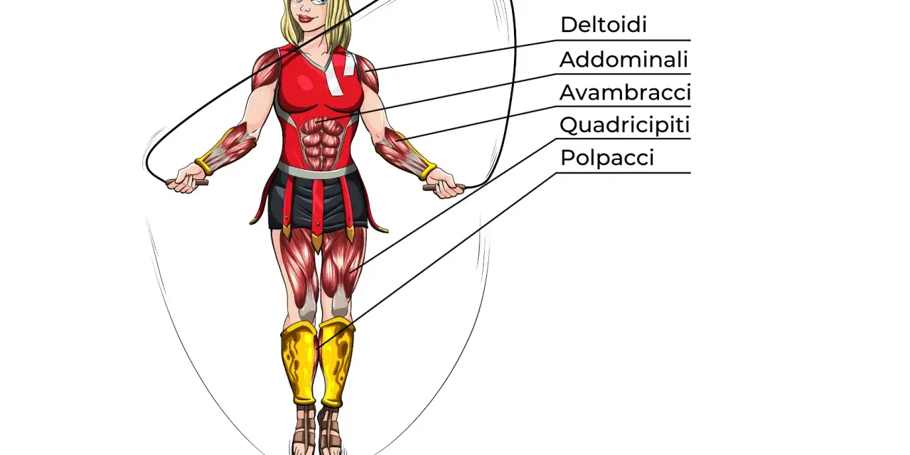 Illustrazione anatomica di una donna che fa salto con la corda, evidenziando i muscoli coinvolti: deltoidi, addominali, avambracci, quadricipiti e polpacci.