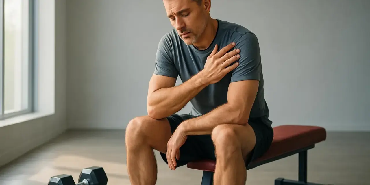 Uomo seduto in palestra, con mano sulla spalla dolente, dopo allenarsi con i DOMS. Pesi in primo piano.