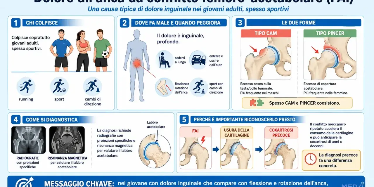 Il conflitto femoro-acetabolare causa dolore all'anca, specialmente in sportivi. Illustra le forme CAM e Pincer, diagnosi e conseguenze.