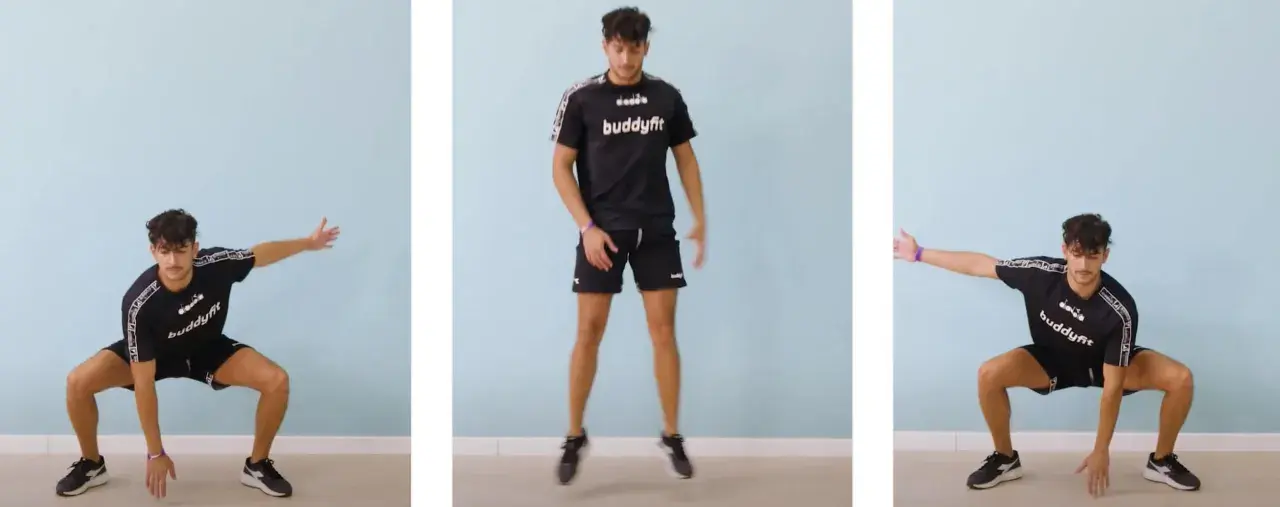 Giovane atleta in tenuta sportiva esegue esercizi di tabata. Tre pose mostrano un movimento dinamico di squat e salto.