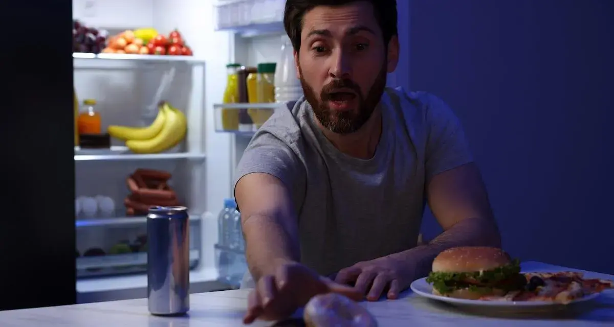 Uomo con espressione sorpresa allunga la mano verso ciambelle e pizza, con il frigorifero aperto alle sue spalle, una tentazione notturna che sfida la finestra metabolica.