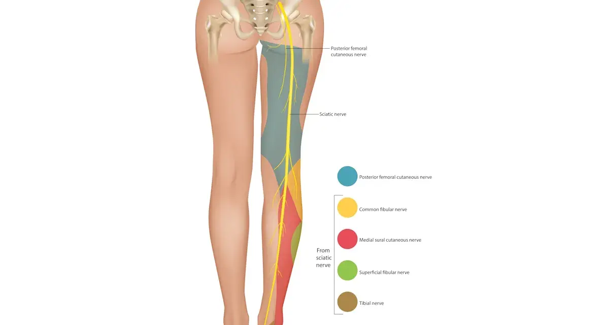 Illustrazione anatomica che mostra l'innervazione sensoriale del nervo sciatico, utile per capire come sfiammare nervo sciatico.