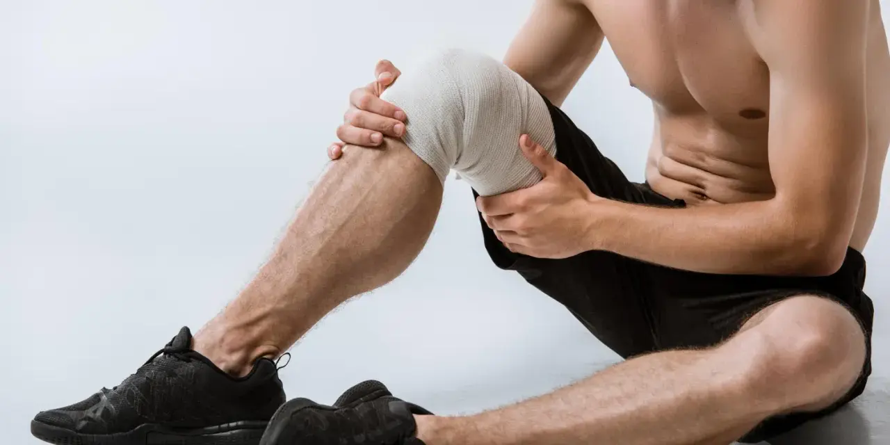 Uomo con ginocchio fasciato, pronto per esercizi per menisco lesionato.