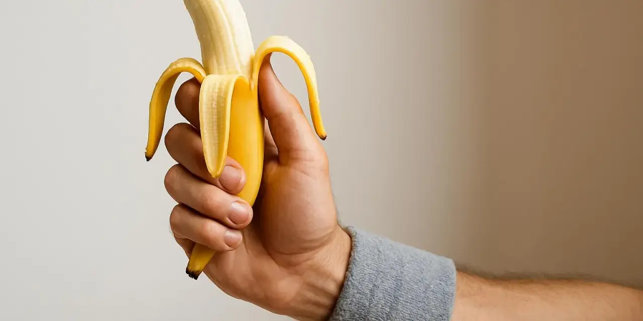 Una mano con polsino grigio tiene una banana sbucciata, pronta per la banana prima della partita.