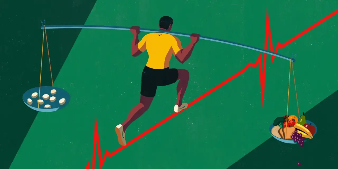 Un atleta corre su una linea che rappresenta un elettrocardiogramma, bilanciando pillole e cibo sano. Quante uova si possono mangiare al giorno?