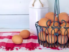 Cesto pieno di uova marroni, pronte per mangiare uova tutti i giorni. Due uova su una tovaglia a quadri rossa.