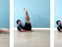 Uomo a terra che esegue crunch addominali con gambe in su. Movimento fluido per rafforzare il core.