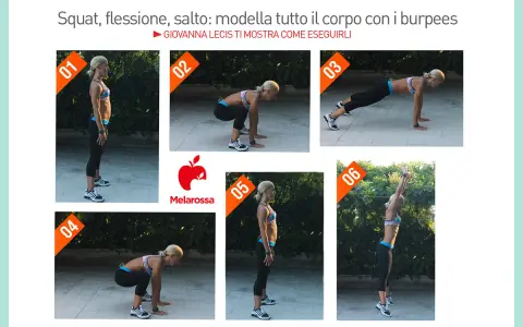 Giovanna Lecis mostra i passaggi per eseguire i mezzi burpees, un esercizio completo per modellare il corpo.