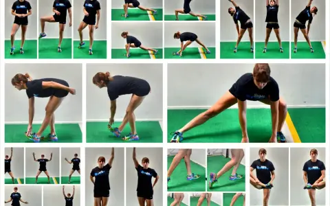 Collage di esercizi di stretching statico: affondi, torsioni, piegamenti e allungamenti delle gambe.