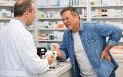 Farmacista consegna farmaco a uomo con mal di schiena, preoccupato per la terapia del dolore schiena effetti collaterali.