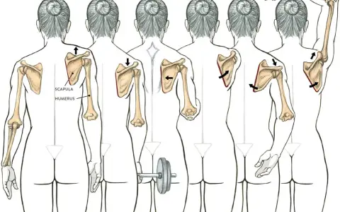 Illustrazione dell'anatomia della scapola e dei movimenti del braccio: elevazione, depressione, adduzione, abduzione, rotazione verso il basso e verso l'alto.