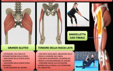 Illustrazione anatomica dei muscoli del bacino, grande gluteo e tensore della fascia lata, con esercizi di azione.