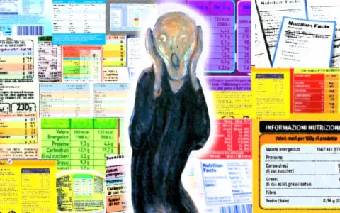 L'Urlo di Munch circondato da etichette nutrizionali, un grido contro l'eccesso di carboidrati di cui zuccheri.
