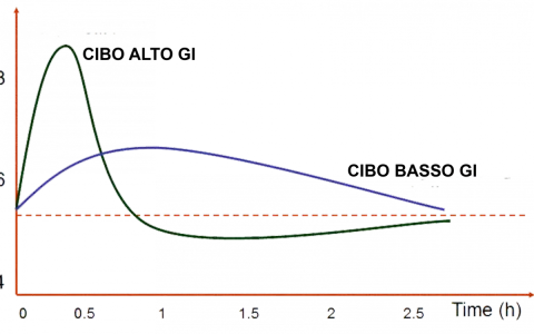 Graph showing two curves: a sharp green peak for "CIBO ALTO GI" and a flatter blue curve for "CIBO BASSO GI" over time.